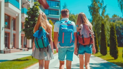 Obraz premium Three teenagers walking away from school, carrying backpacks on a sunny day.