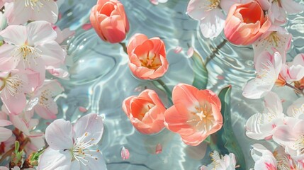 Fresh tulips and cherry blossoms gently float on the calming ripples of a water surface.