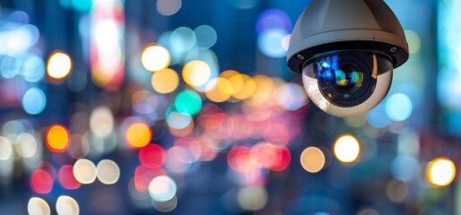 Security camera installed outdoors, monitoring urban area with colorful bokeh lights at night. - obrazy, fototapety, plakaty