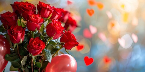 A lush bouquet of red roses with shimmering heart-shaped bokeh, perfect for romantic occasions.