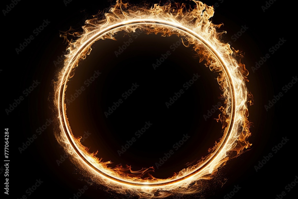 Poster circular frame of fiery flames creating a circle shape, isolated on dark background