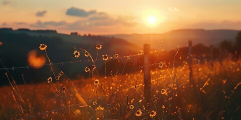 The sun setting over rolling hills with silhouetted wildflowers and a barbed wire fence.