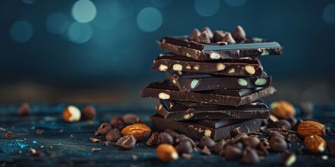 Luxurious dark chocolate pieces stacked with hazelnuts and coffee beans. - obrazy, fototapety, plakaty