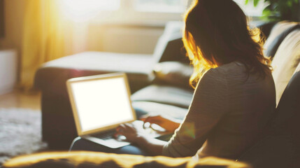 Backlit silhouette of a woman using a laptop in a cozy, sunlit living area. - obrazy, fototapety, plakaty