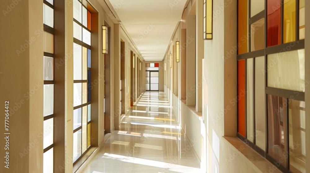 Poster a hallway features a series of small stained glass windows along one wall each with a different mini