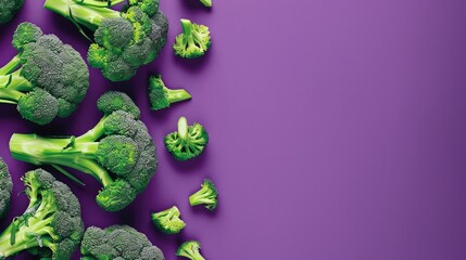 Broccoli cabbage on a purple background. A perfect sprig of fresh broccoli. Fresh harvest, the concept of healthy eating and vegetarianism. - obrazy, fototapety, plakaty