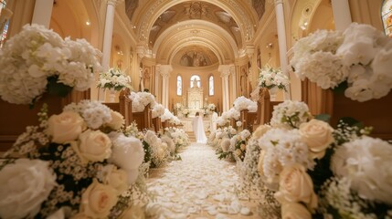 Luxurious church wedding aisle adorned with white flowers, perfect for matrimonial settings.