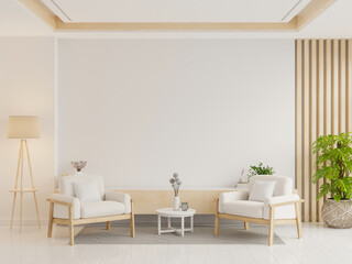 Modern minimal interior with two armchair on empty white color wall background - obrazy, fototapety, plakaty