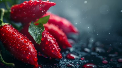 Foto op Canvas Vibrant red chili peppers with water droplets, ideal for culinary themes and spice advertisements. © mashimara