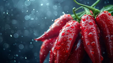 Zelfklevend Fotobehang Vibrant red chili peppers with water droplets, ideal for culinary themes and spice advertisements. © mashimara