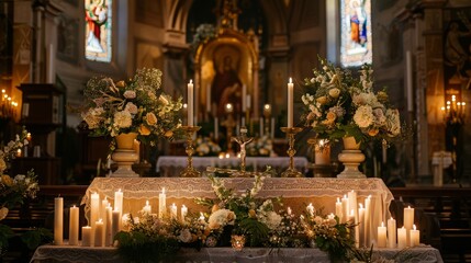Intimate altar with candles and flowers, suitable for religious and wedding themes. - obrazy, fototapety, plakaty