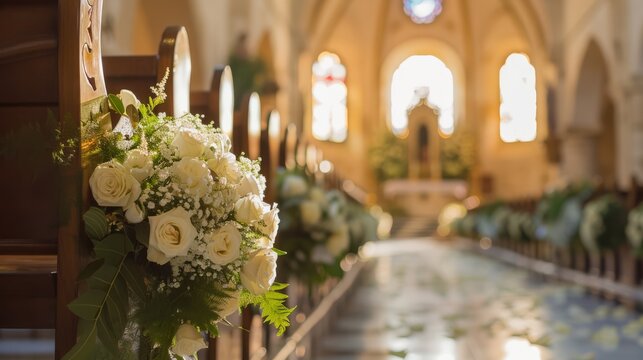 Elegant church aisle flanked by white floral arrangements, exquisite for wedding planners and magazines.