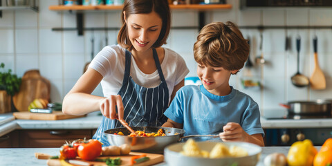 Cute ten years old boy helping his mother to cook food in kitchen. Mom and son preparing dinner at home. Mommy and child having quality time together. Bonding with preteen kids.