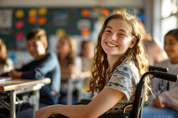 Cheerful teenage girl sitting in a wheelchair in a classroom in school. Disabled child learning new skills with her typical peers. Education for special needs children.