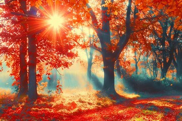 Obraz na płótnie Canvas Autumn. Fall scene. Beautiful Autumnal park. Beauty nature scene. Autumn landscape, Trees and Leaves, foggy forest in Sunlight Rays. generative ai.