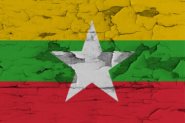 Republic of the Union of Myanmar Flag Painted on Old Wood Plank Background
