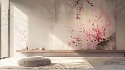 A minimalist meditation room features a large abstract painting of cherry blossoms in full bloom their delicate petals and soft pink hues evoking a sense of mindfulness and calmness. .
