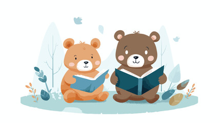 Obraz na płótnie Canvas Cartoon bear and rabbit reading book flat vector isolated