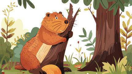 Cartoon beaver cutting a tree in the forest flat vector