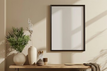 Fototapeta na wymiar Empty picture in black frame in minimalist beige design interior