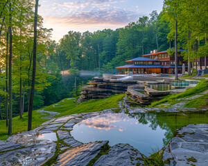 Calm waterfall and forest landscape, summer beauty in European park