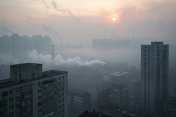 Sunrise over a smoggy city. The smog-filled skyline of an industrial city, where factories emit clouds of pollution, obscuring the sun and affecting the health of its inhabitants