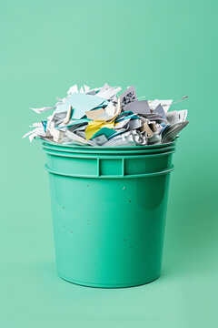 A bin contains piles of paper on a color background