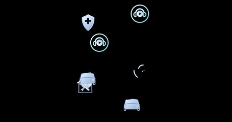 Chaotically moving icons with symbols of human life and activity on a black background. Conceptual footage. Cg