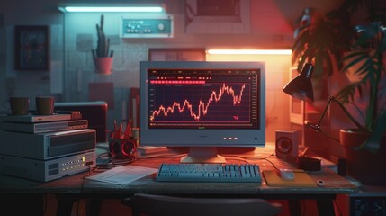 A graph and chart showing the stock market business concept at night on a table, along with a candlestick chart in the office - obrazy, fototapety, plakaty