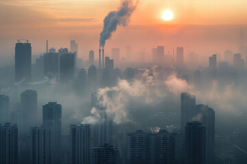 Sunrise over a smoggy city. The smog-filled skyline of an industrial city, where factories emit clouds of pollution, obscuring the sun and affecting the health of its inhabitants - obrazy, fototapety, plakaty