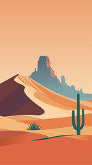 desert landscape in a minimalist style with a large rock in the distance and sand dunes and a cactus in the foreground. at dawn or dusk. vertical orientation
