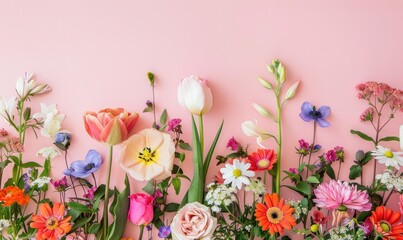 Obraz na płótnie Canvas Colorful Spring Flowers Background. Greeting card with copy space, top view. Mother's Day, Woman's Day, Easter, Valentine's Day, Wedding, and Birthday celebration concept.