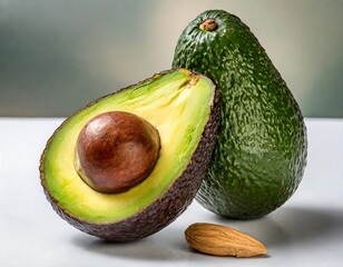 The avocado has a rough, green skin and a smooth, light green flesh