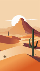 desert landscape in a minimalist style with a large rock, a pyramid in the distance and sand dunes and cacti in the foreground. vertical orientation