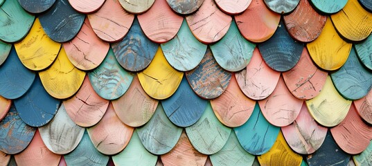Vibrant mosaic wood veneer tiles create abstract colorful background with textured scales