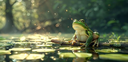 Frog's Tranquil Moment in a Lily Pad Pond Generative AI