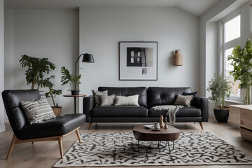 Stilvolles Wohnzimmer in skandinavischem Design mit Ledermöbeln und Pflanzendekor - obrazy, fototapety, plakaty