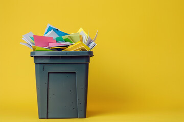 A bin contains piles of paper on a color background - obrazy, fototapety, plakaty