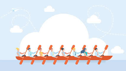 A large business team. Many people. Rowing teamwork. People group with paddle on boat canoe in river competing race, water sport team together at kayak rower athletes boating crew. Vector illustration