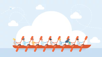 Foto op Canvas A large business team. Many people. Rowing teamwork. People group with paddle on boat canoe in river competing race, water sport team together at kayak rower athletes boating crew. Vector illustration © Yurii