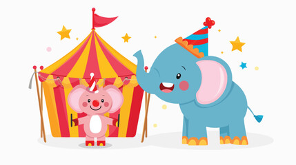 Obraz na płótnie Canvas Cartoon cute elephant and clown with circus tent flat