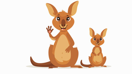 Cartoon cute kangaroo waving hand with baby joey. isolated