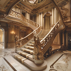 : A grand staircase in a palatial mansion, adorned with intricate carvings and sweeping banisters,...