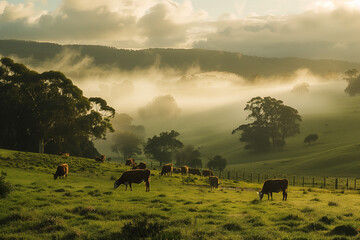 Misty Morning Grazing. Cows grazing peacefully in a green pasture at dawn, with mist hanging low over the land, pastoral beauty of dairy farming - obrazy, fototapety, plakaty