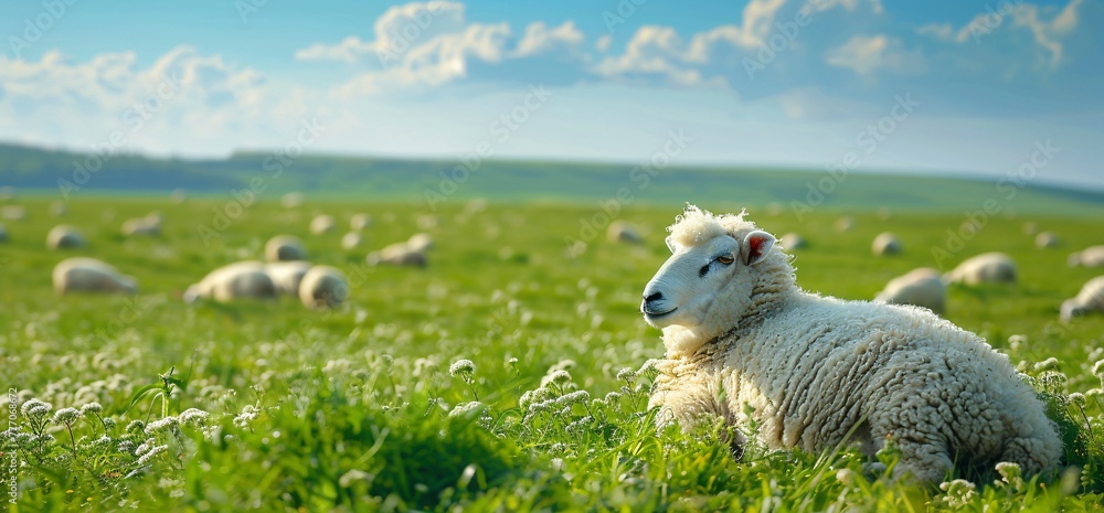 Poster pastoral peace a sheep resting in a field of sheep generative ai