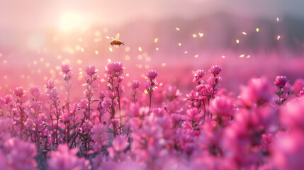 Fototapeta premium Bee in magical flower field with pink flowers, sunlight rays and bokeh lights of life