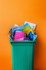 A bin contains piles of paper on a color background