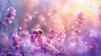 Bee in magical flower field with pink flowers, sunlight rays and bokeh lights of life - obrazy, fototapety, plakaty