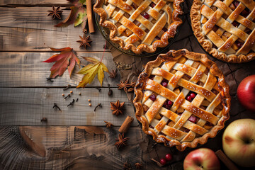 Autumn Apple Pies. Freshly baked apple pies with lattice crust, surrounded by fall decorations.
