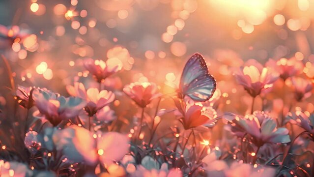 Butterfly in amazing pink pastel landscape.. Soft pink and purple sky background with rainbow, clouds, stars and butterflies. Pink pastel magical landscape 4k video spring